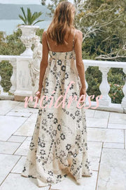 Linen Blend Floral Print Strappy Full-hem Backless Maxi Dress