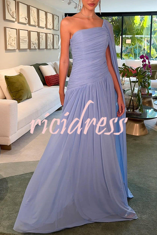 End of Light Chiffon One Shoulder Single-sleeve Shawl Ruched Maxi Dress