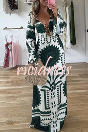 Holiday Fashion Unique Print Front Center Hollow Ring Long Sleeve Maxi Dress