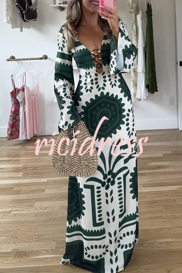 Holiday Fashion Unique Print Front Center Hollow Ring Long Sleeve Maxi Dress