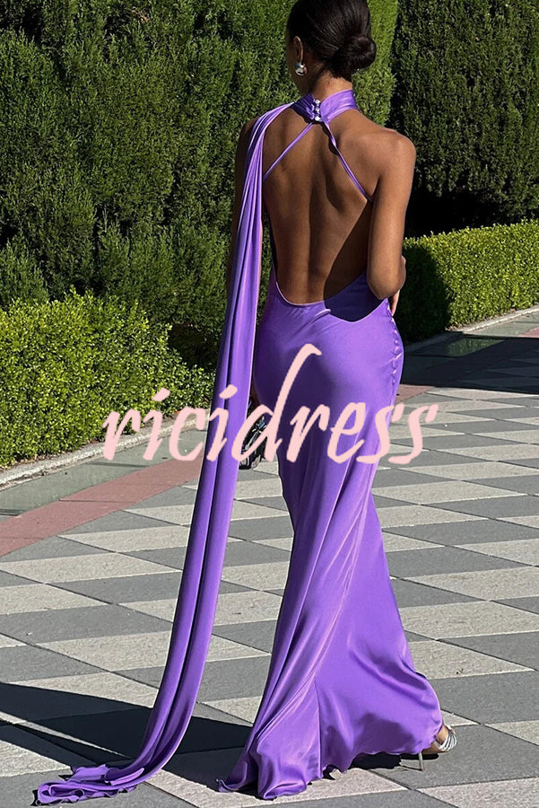 Crush on You Satin One Shoulder Backless Cape Maxi Dress
