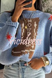 Christmas Knitted Boots Round Neck Long Sleeve Sweater