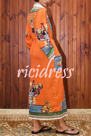 Linen Blend Unique Print Tie-waist Casual Maxi Dress