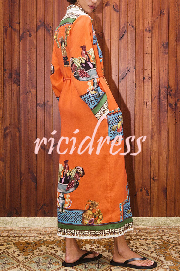 Linen Blend Unique Print Tie-waist Casual Maxi Dress