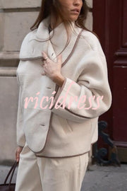 Romane Faux Fleece Fabric Contrast Trim Long Sleeve Knitted Pocket Lapel Loose Jacket