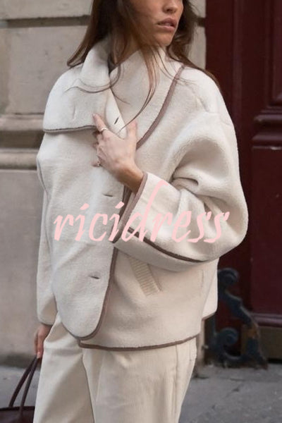 Romane Faux Fleece Fabric Contrast Trim Long Sleeve Knitted Pocket Lapel Loose Jacket