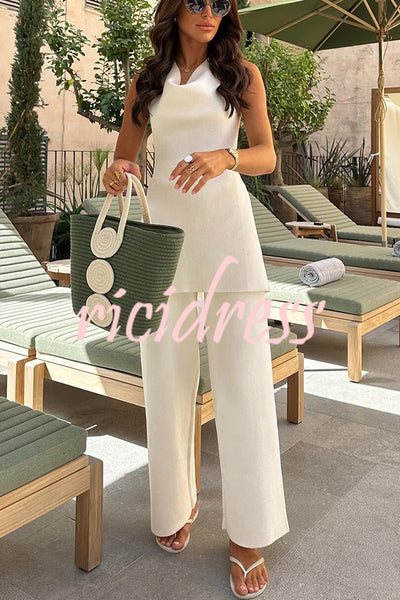 Beach Vacay Cowl Neck Back Tie-up Top and Stretch Straight Pants Suit