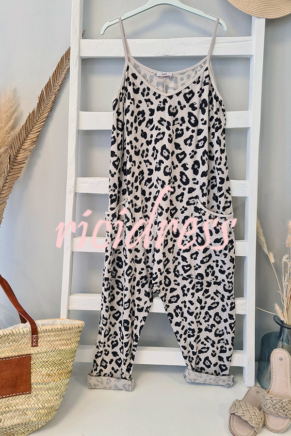 Kind and Casual Leopard Pocketed Relaxed Strap Jumpsuit