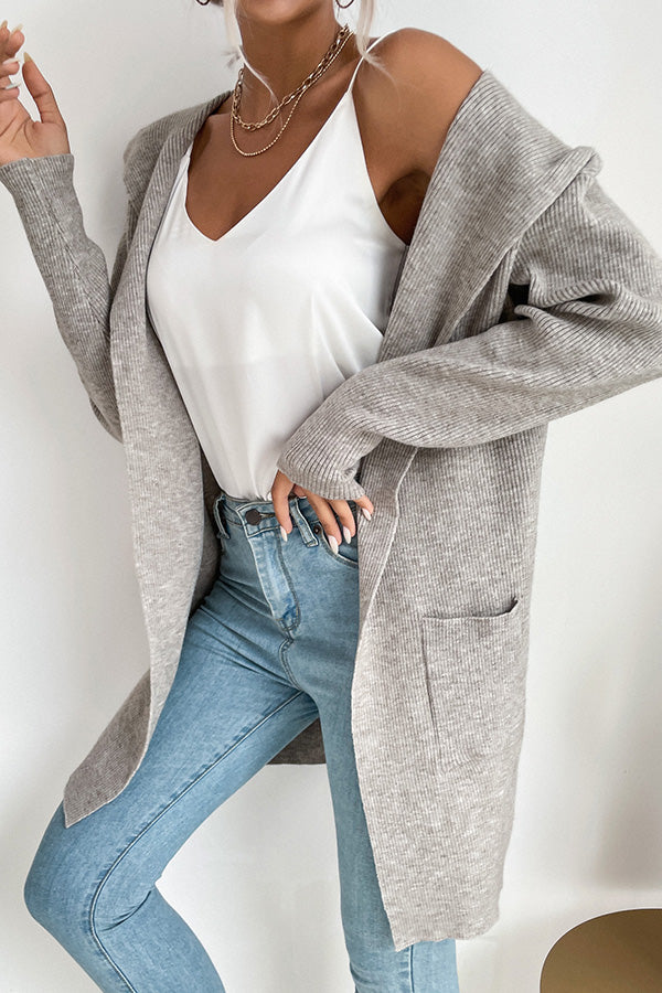 Solid Color Casual Pocket Hooded Long Sleeve Knitted Cardigan