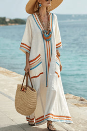 Striped Print V-Neck Casual Loose Pocket Maxi Dress