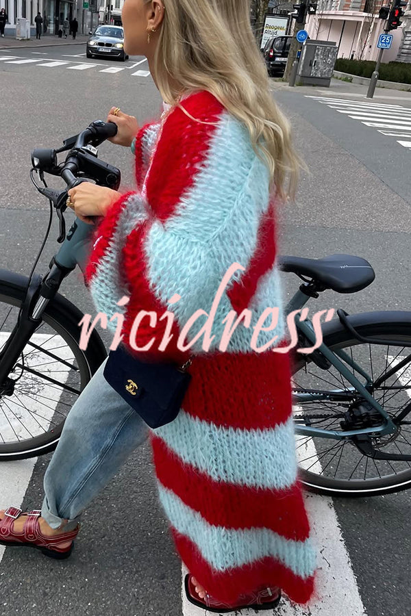Fashionable Contrast Stripes Lazy Style Loose Long Knitted Cardigan