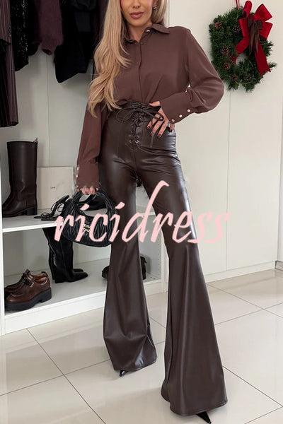 Stylish Faux Leather High Waist Lace-up Back Zipper Flare Stretch Pants
