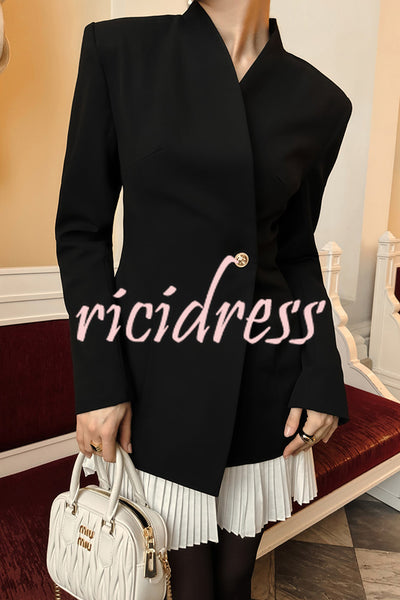 Fashionable Contrast Color Elegant Long Sleeve Pleated Suit Mini Dress