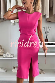 Solid Color Round Neck Sleeveless Slim Fit Slit Midi Dress