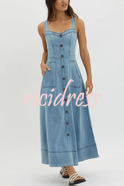 Solid Color Suspender Pocket Button Slim Denim Midi Dress