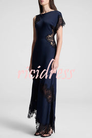 Paris Dream Satin Lace Trim Irregular Design Drape Maxi Dress