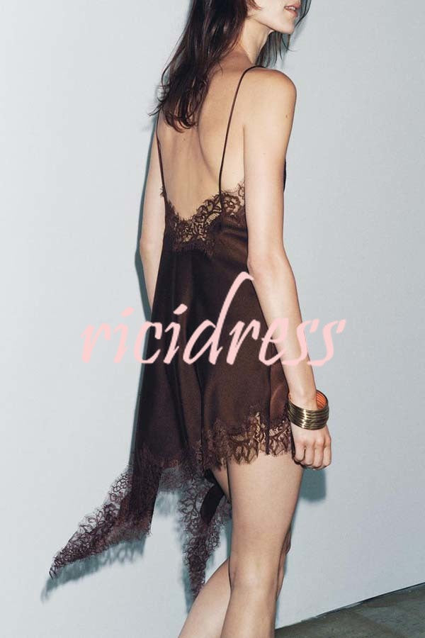Elouise Satin Lace Trim V-neck Asymmetrical Hem Slip Mini Dress