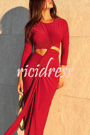 Solid Color Round Neck Long Sleeve Sexy Exposed Waist Slit Maxi Dress