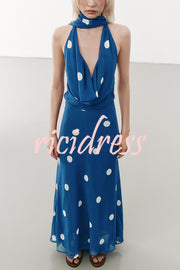 Fashion Polka Dot Print Sexy Halter Neck Backless Maxi Dress