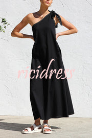 Solid Color One-shoulder Strappy Elegant Sloping Collar Loose Maxi Dress