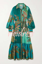 Resort Style satin Unique Printed Lapel Lantern Sleeve Lace-up Midi Dress