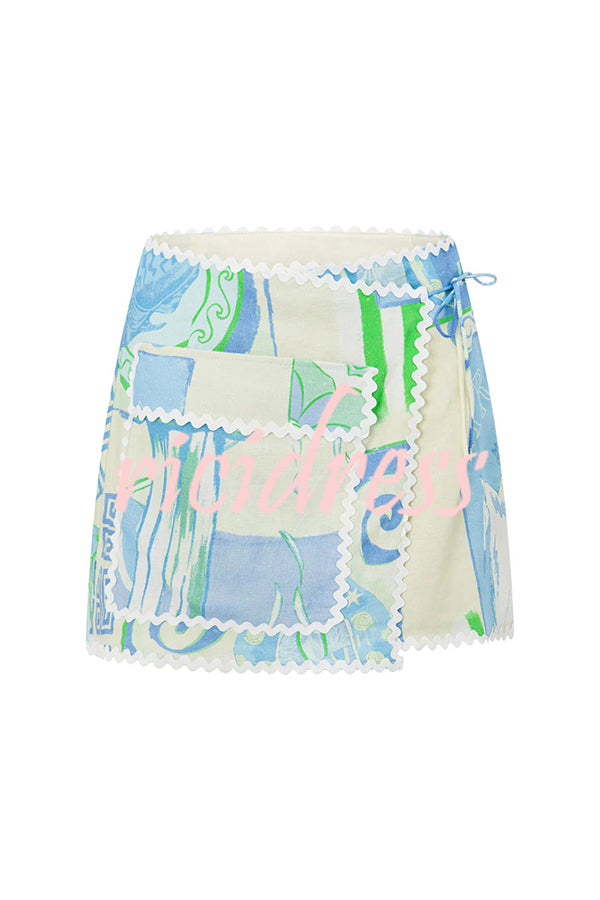 Pierre Linen Blend Ric Rac Trims Unique Print Short Sleeve Shirt and Wrap Tie-up Mini Skirt Set