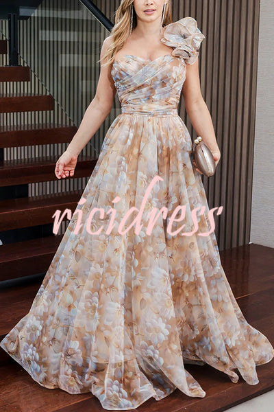 Romantic Ball Chiffon Floral One-shoulder Pleated Design Back Lace-up Gown Maxi Dress
