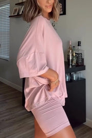 Solid Color Loose Short-sleeved Top and Stretch Casual Shorts Set