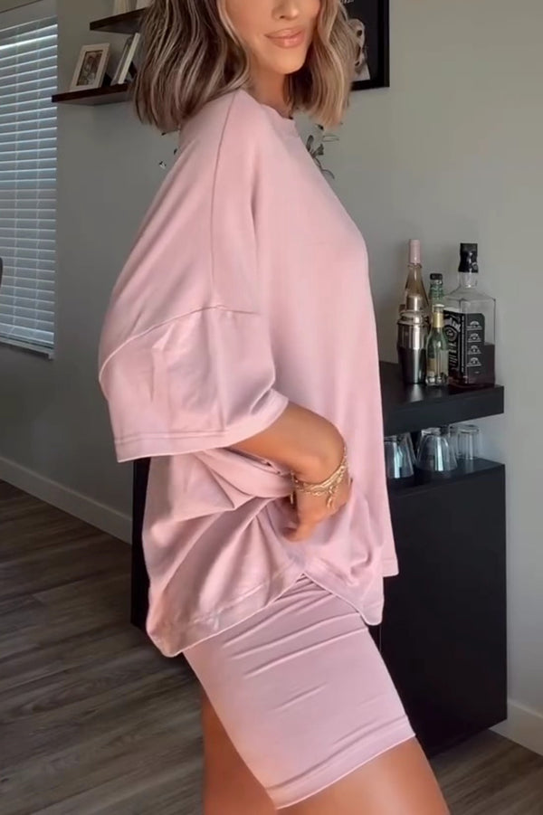 Solid Color Loose Short-sleeved Top and Stretch Casual Shorts Set