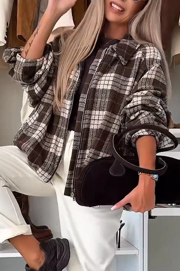 Fashion Plaid Print Lapel Long Sleeve Loose Zipper Jacket