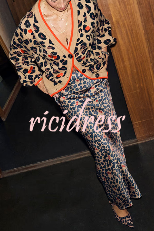 Perfect for Winter Leopard Cherry Print Knitted Button Long Sleeve Loose Cardigan