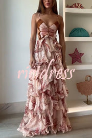 Ariae Butterfly Print Multi-layered Ruffles Backless Tie-up Maxi Dress