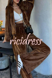 Velvet Zip Up Hooded Top and Drawstring Pants Two Piece Set