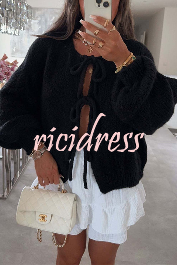 Solid Color Long-sleeved V-neck Lace-up Loose Knitted Sweater
