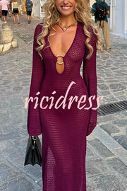 Seaside Goddess Crochet Knit Hollow Out Golden Ring Long Sleeve Cover-up Maxi Dress