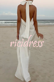 Floral Embellished Satin Halterneck Backless Resort Maxi Dress