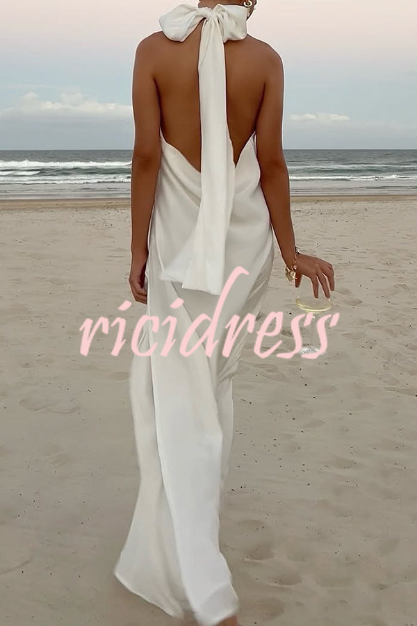 Floral Embellished Satin Halterneck Backless Resort Maxi Dress