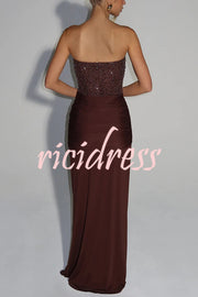 Carina Sequined and Satin Jersey Off Shoulder Ruched Knot Drape Maxi Dress