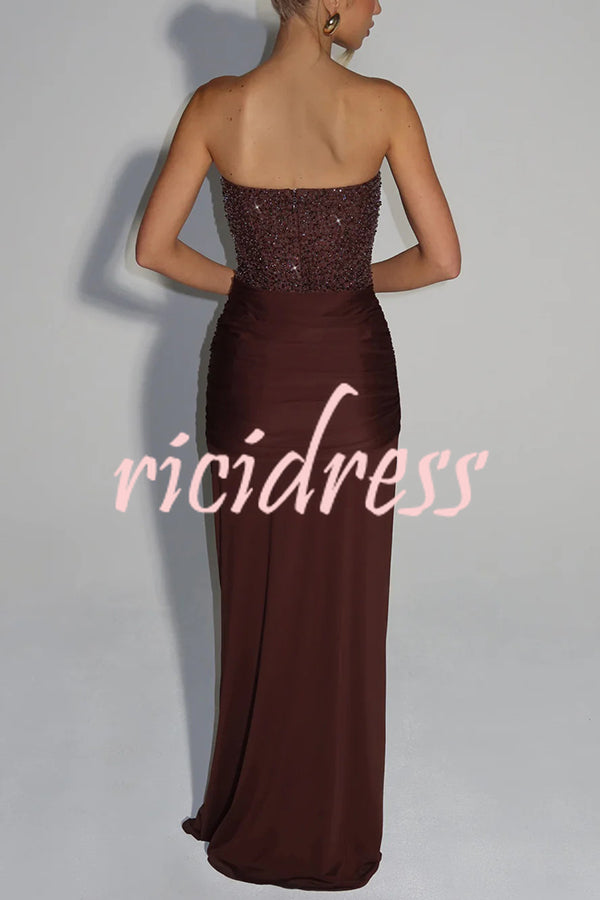 Carina Sequined and Satin Jersey Off Shoulder Ruched Knot Drape Maxi Dress