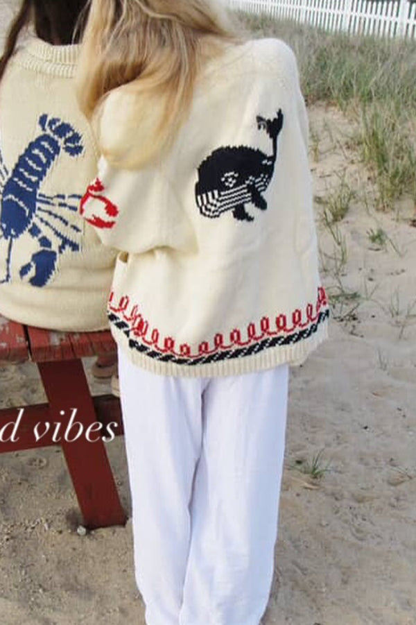 Fashion Lobster Print Casual Long Sleeve Knit Cardigan
