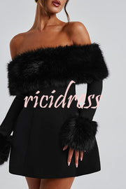 Cute and Luxe Faux Fur Trim Off Shoulder Bubble Shaped Mini Dress