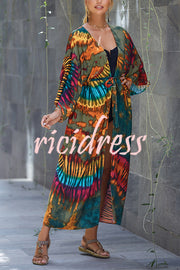 Unique Print Loose Lace Up Holiday Maxi Cover Up