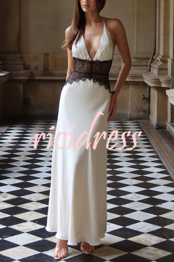 Seductive Details Satin Lace Waist Halter Tie-up Backless Maxi Dress