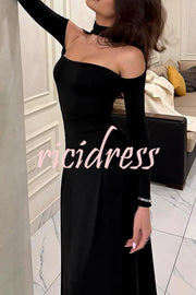 Solid Color Long Sleeve Sexy Slim Fit Full Hem Maxi Dress