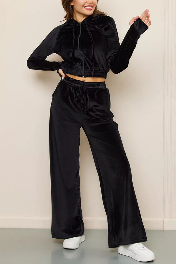Solid Color Velvet Hooded Zip-up Sweatshirt and Elastic Waist Casual Pocket Straight-leg Pants Set