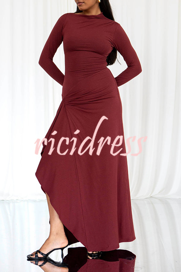 Venus Long Sleeve Ruched Side Slit Drape Ruffles Back Lace-up Stretch Maxi Dress