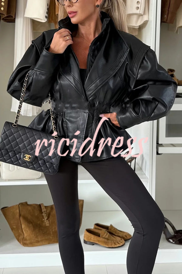 Play It Cool Faux Leather Single Button Elastic Waist Lapel Moto Jacket