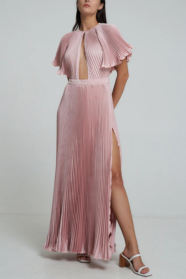 Flash Goddess Satin Pleated Bell Sleeve Cutout Detail Gown Maxi Dress