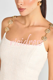 Timeless Exquisite Tweed Fabric Metal Coin Chain Detail Slip Mini Dress