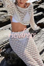 Solid Color Knitted Crew Neck Long Sleeve Top and Beach Cutout Cover Up Maxi Skirt Set